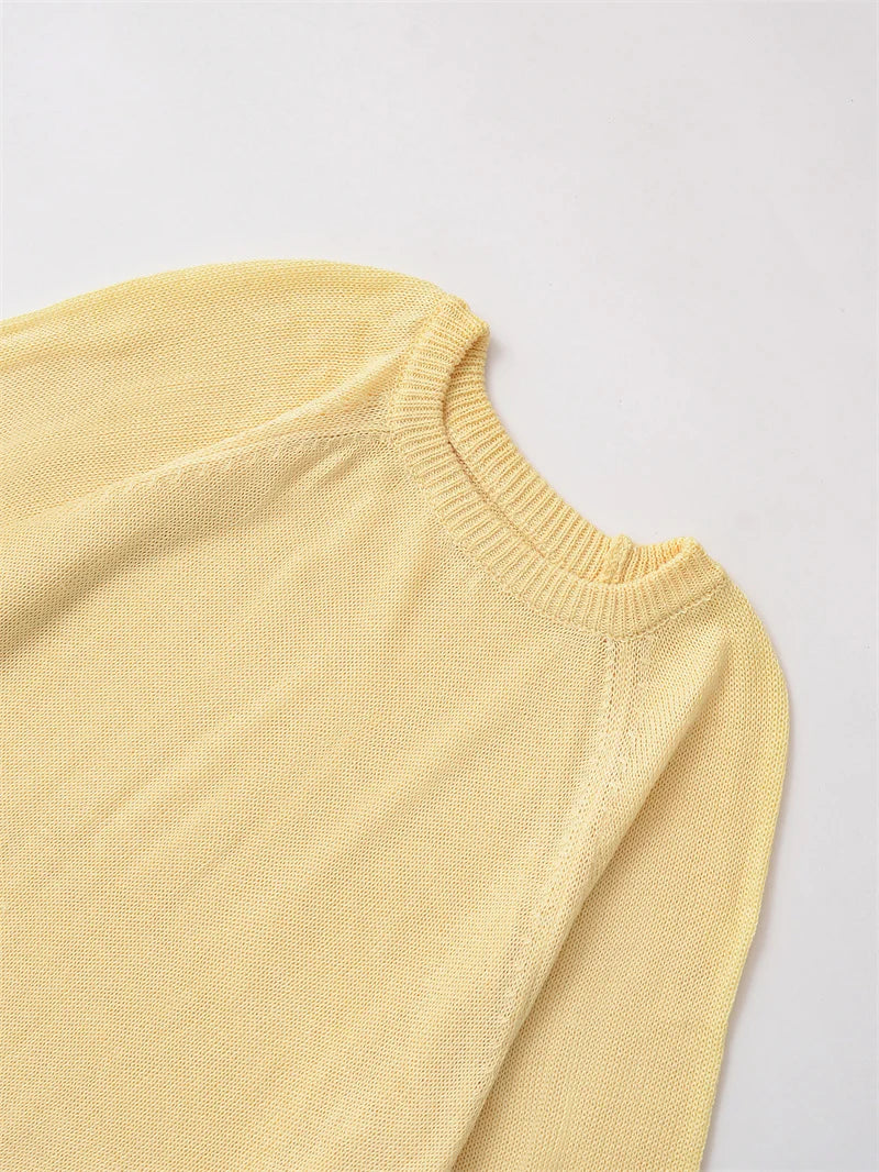 2025 New Women's Casual Fashion Trendy Round Neck Wide Sleeve Comfortable Knitted Sweater Top Yellow Blouse Daily Outlooks