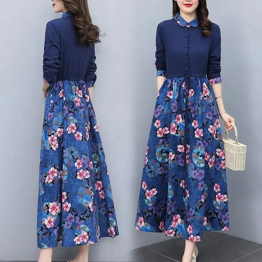 ملابس نسائية فساتين مطبوعة كاجوال ربيع خريف جديد موضة ذات صف واحد من الأزرار وياقة مطوية للأسفل فستان طويل برباط للرباط