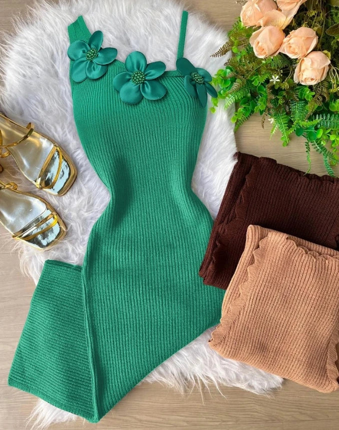 Sexy Elegant Dresses for Women New Fashion 2024 Autumn Spring Summer Casual Floral Pattern Beaded Knit Bodycon Dress