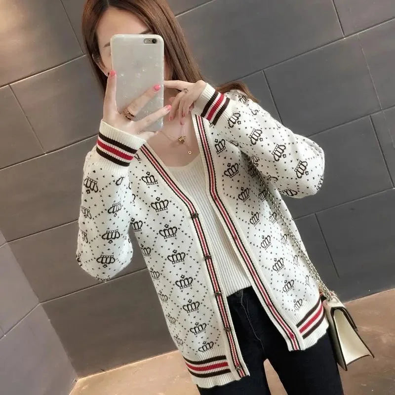 Women's Clothing Casual Loose V-neck Soft Thick Lazy Sweaters Autumn Winter Fashion Striped Commute Basic Knitted Cardigan SwiftNest
