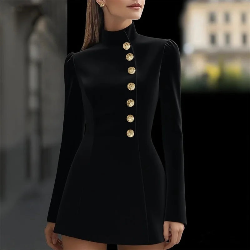 Women Fashion Commuter Solid Blazers Dress Office Single Breasted Waist Party Dress Elegant Stand Collar Long Sleeve Mini Dress