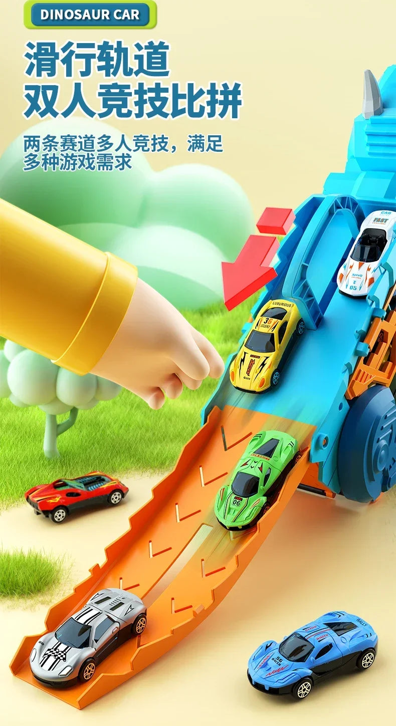 Dinosaur Toys for Kids Boys Ages 3-5, Car Track Set Dinosaur Transport Truck with Diecast Cars that Transform into Dinosaurs