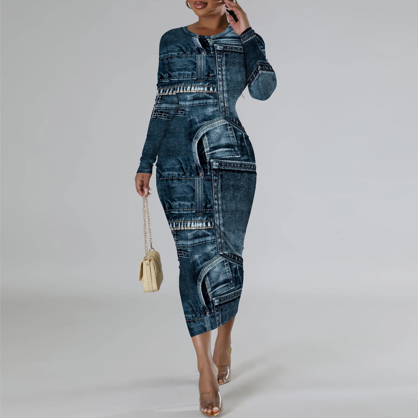 European and American women's fashion temperament casual print slim black dress