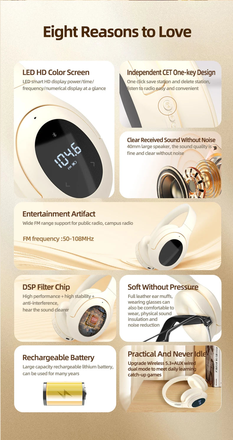 Bluetooth Headset with FM Radio Wireless Headset Bluetooth Earphone For HIFI Stereo With Built-in Mic