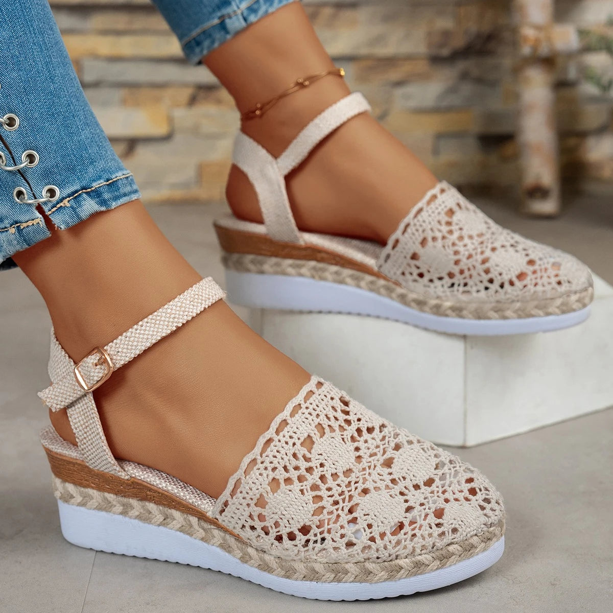 Women Sandals Summer New Fashion Canvas Wedge Sandals Casual Espadrilles Fashion Elegant Platform Woman Sandals