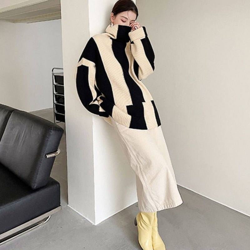 Women's Autumn Winter Fashion Elegant High Neck Pullover Long Sleeve Jumpers Striped Knitwear Casual Sweaters Western Style Tops SwiftNest