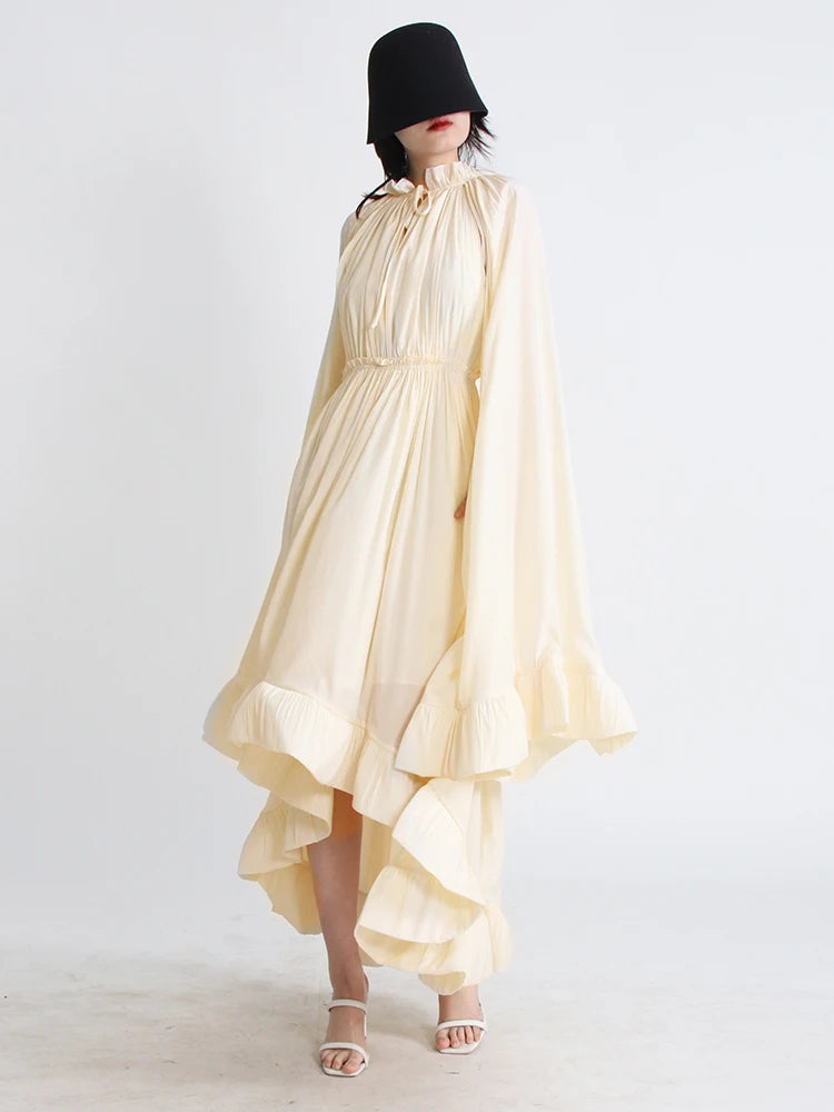 TWOTWINSTYLE Minimalist Dresses For Women V Neck Cloak Sleeve High Waist Ruffles Irregular Summer Dress Female Fashion Clothing