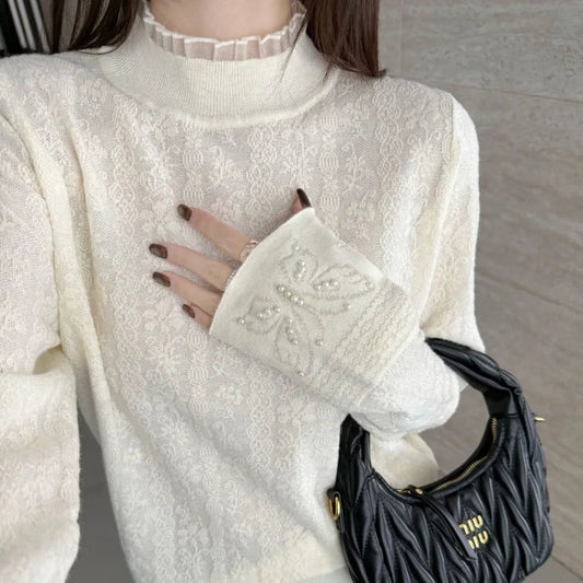 Women Clothes Autumn Winter Fashion Simplicity Lace Patchwork Knitting Half High Collar Female Solid Color Temperament Bottoming SwiftNest
