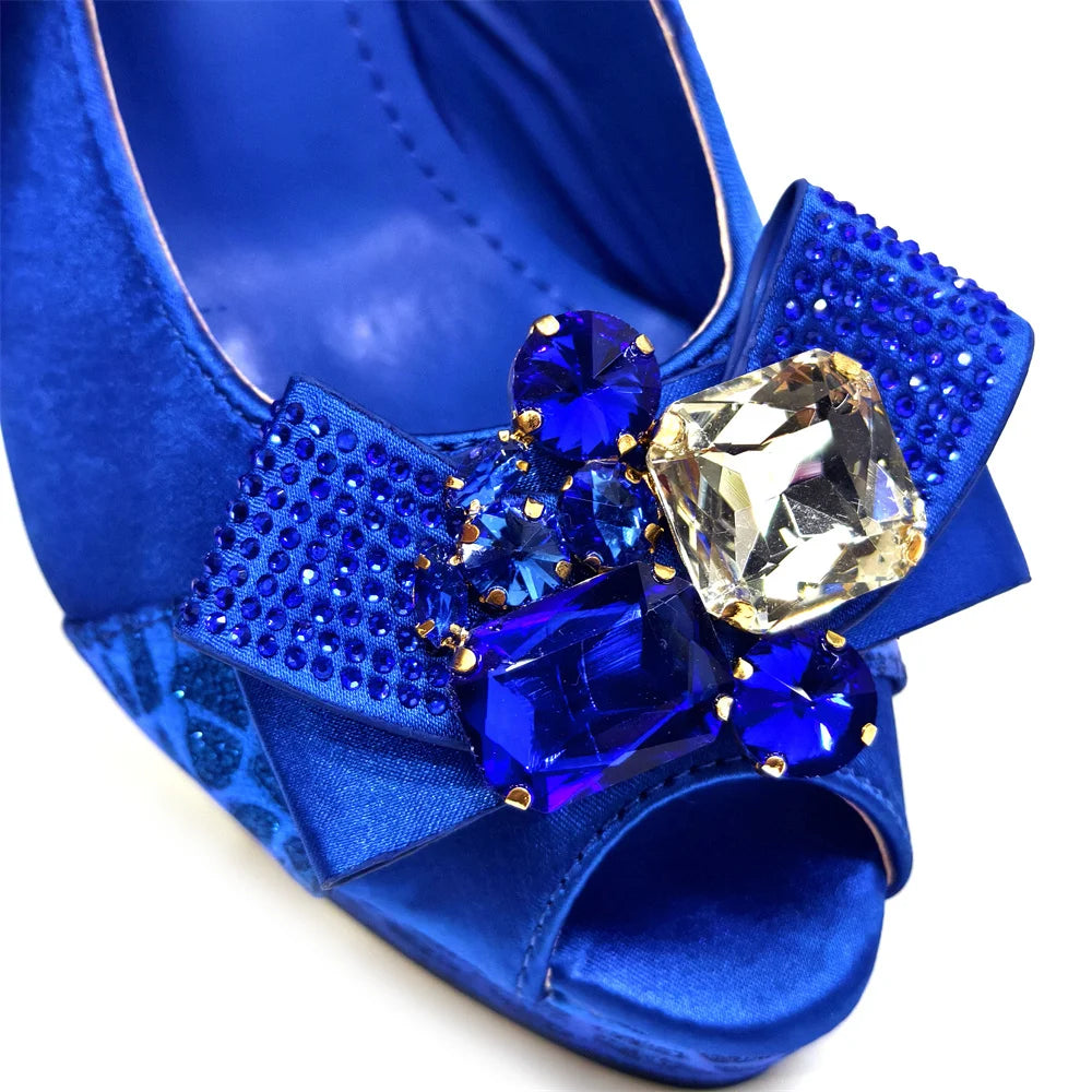 Venus Chan Nigerian Women Heel Party Shoes and Bag Set Royal Blue Colour Rhinestone Handbag Italian Design Wedding INS 2024