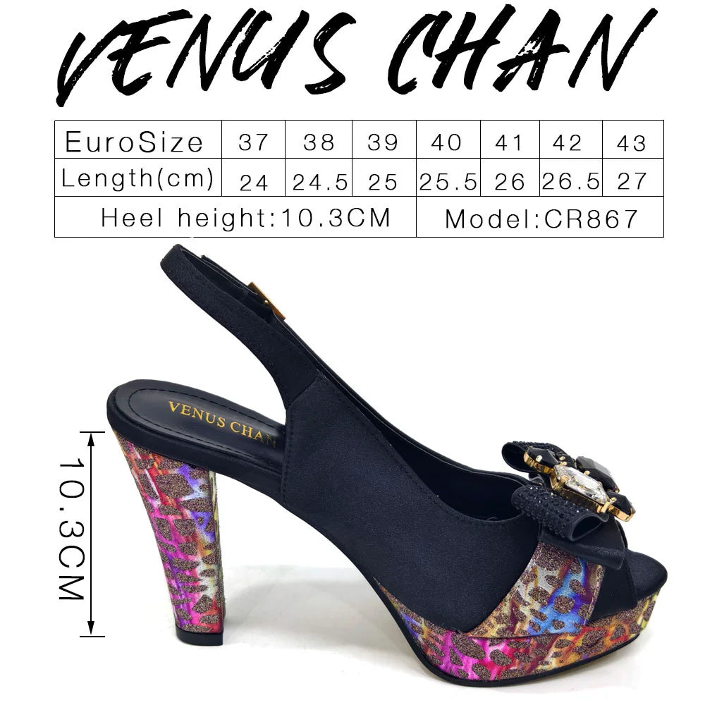 Venus Chan Nigerian Women Heel Party Shoes and Bag Set Royal Blue Colour Rhinestone Handbag Italian Design Wedding INS 2024