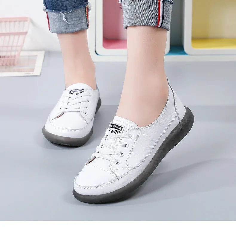 Genuine Leather Soft Sole Outdoor Summer Walking Vulcanized Shoes Women Jogging Sneakers Woman Flat Trainers Fitness Footwear