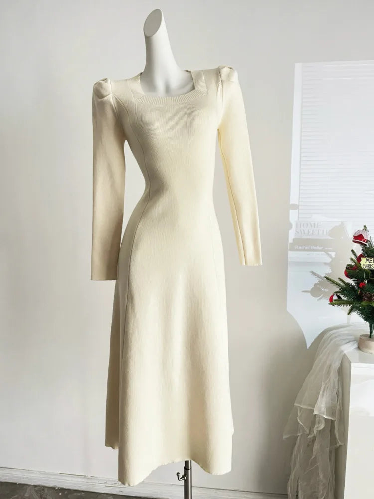 French Fashion Casual Women Inside Knitted Long Dress 2025 Spring New Long Sleeves Elegant Party Dresses Simple Vestidos Largos SwiftNest