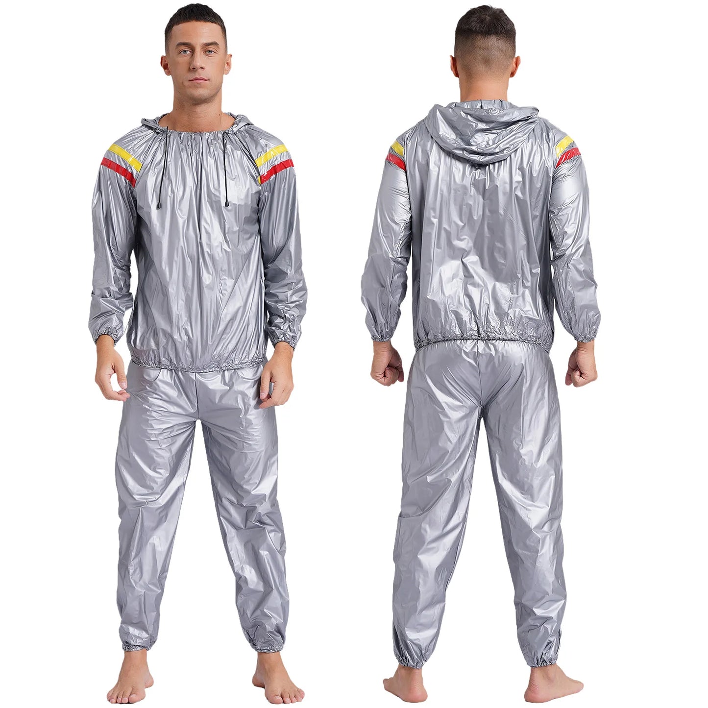 Mens Sports Outfits Sauna Sweat Sets Long Sleeve Hooded Jacket Outerwear and Long Pants PVC Sweating Suit for Gym Workout Yoga