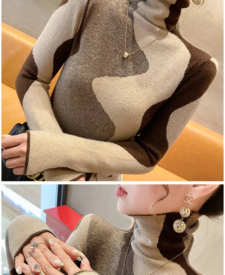 Women Clothing Vintage Fashion Slim Turtleneck Sweaters Autumn Winter Elegant Chic Patchwork Knit Pullovers Office Lady Tops