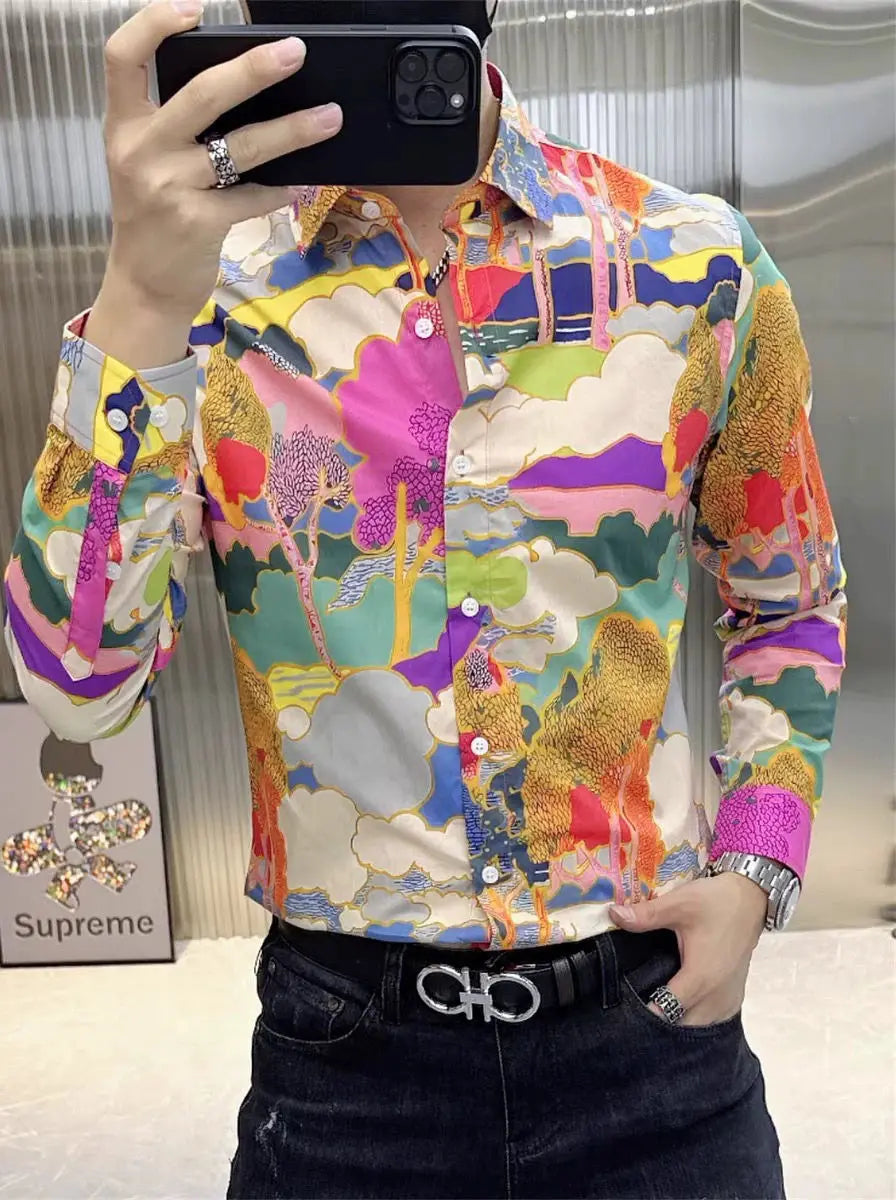 Men's Spring Autumn Fashion Trend Slim Fit Casual Floral Print Long Sleeve