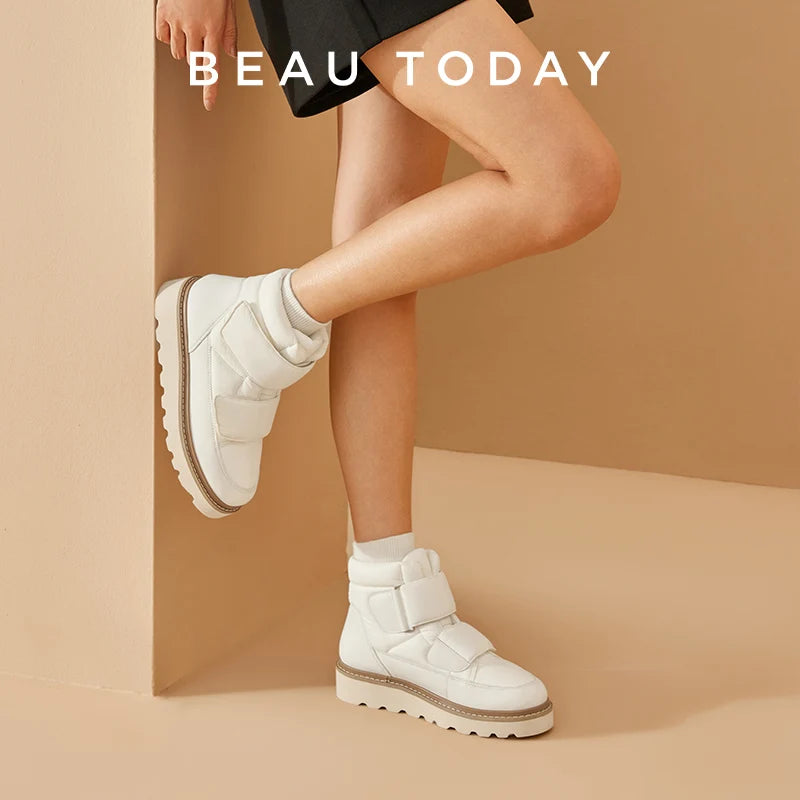 BEAUTODAY Ankle Boots Women Down Fabric Round Toe Solid Color Platform Hook and Loop Non-slip Winter Snow Boots Handmade 08064