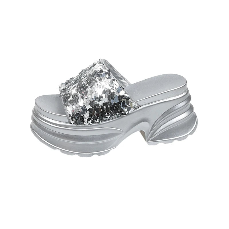 Aphixta Platform Sequined Cloth Sandals Slippers Women 8CM High Wedge Slides Women Shoes Gold Beach Slides Shoes