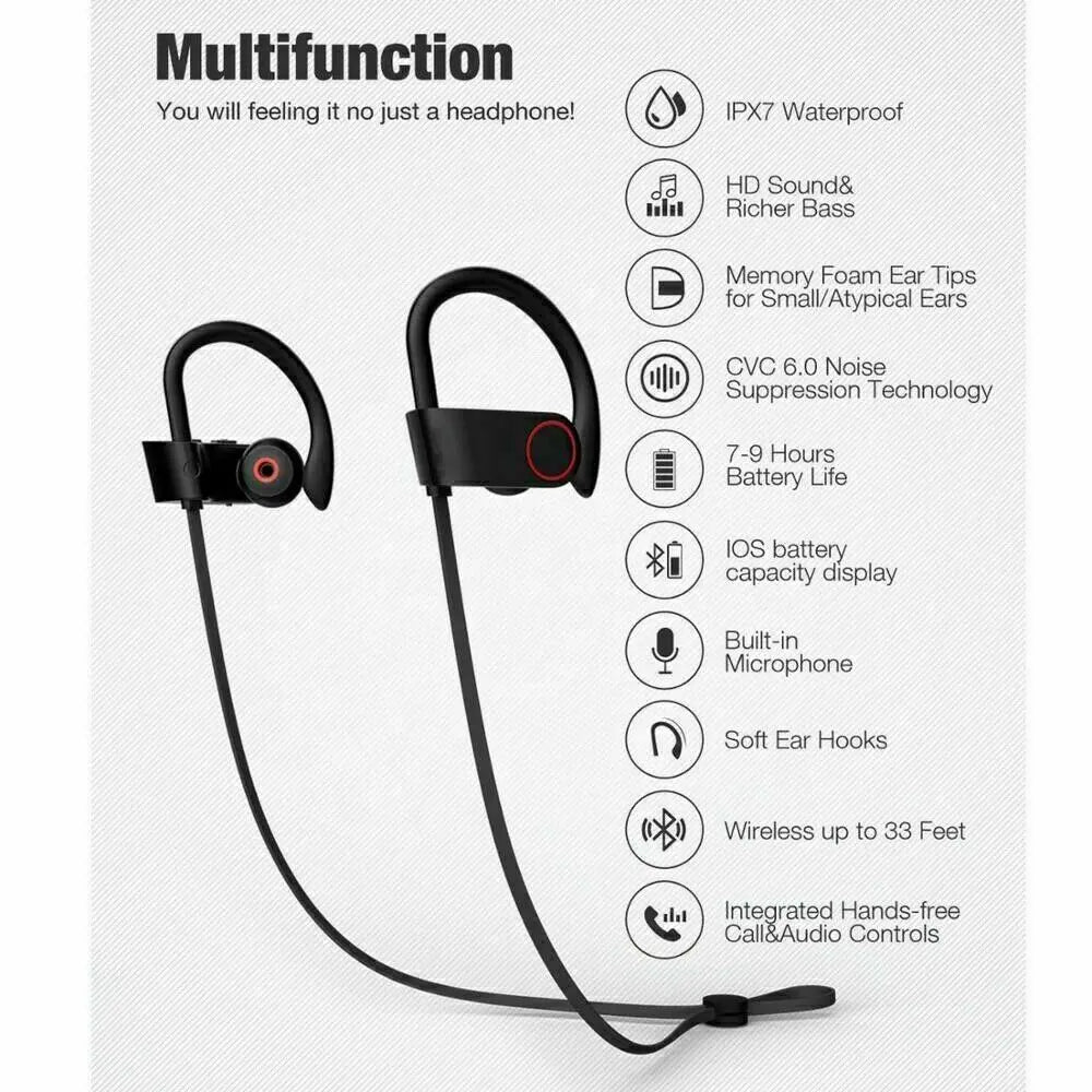 Wireless Bluetooth 5.0 Earbuds Stereo Headphones in Ear Headset Built-in Microphone Sports Waterproof Neck-hanging Headsets