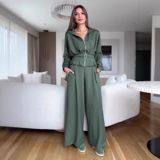 New Fashion Women Two Piece Set Spring Autumn Long Sleeve High Waist Top And Pants Set