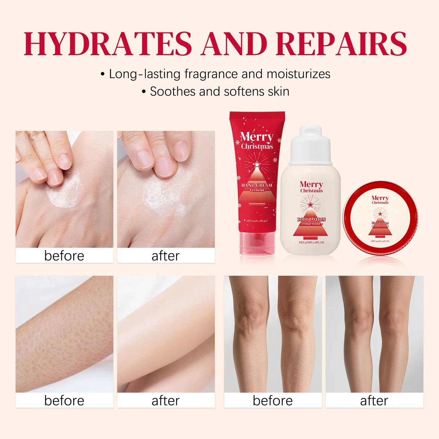 Merry Christmas 110ml Skin Care Gift Set - Hand Body Feet Cream with Nail Pen, Natural Verbena Cedarwood Sandalwood Fragrance