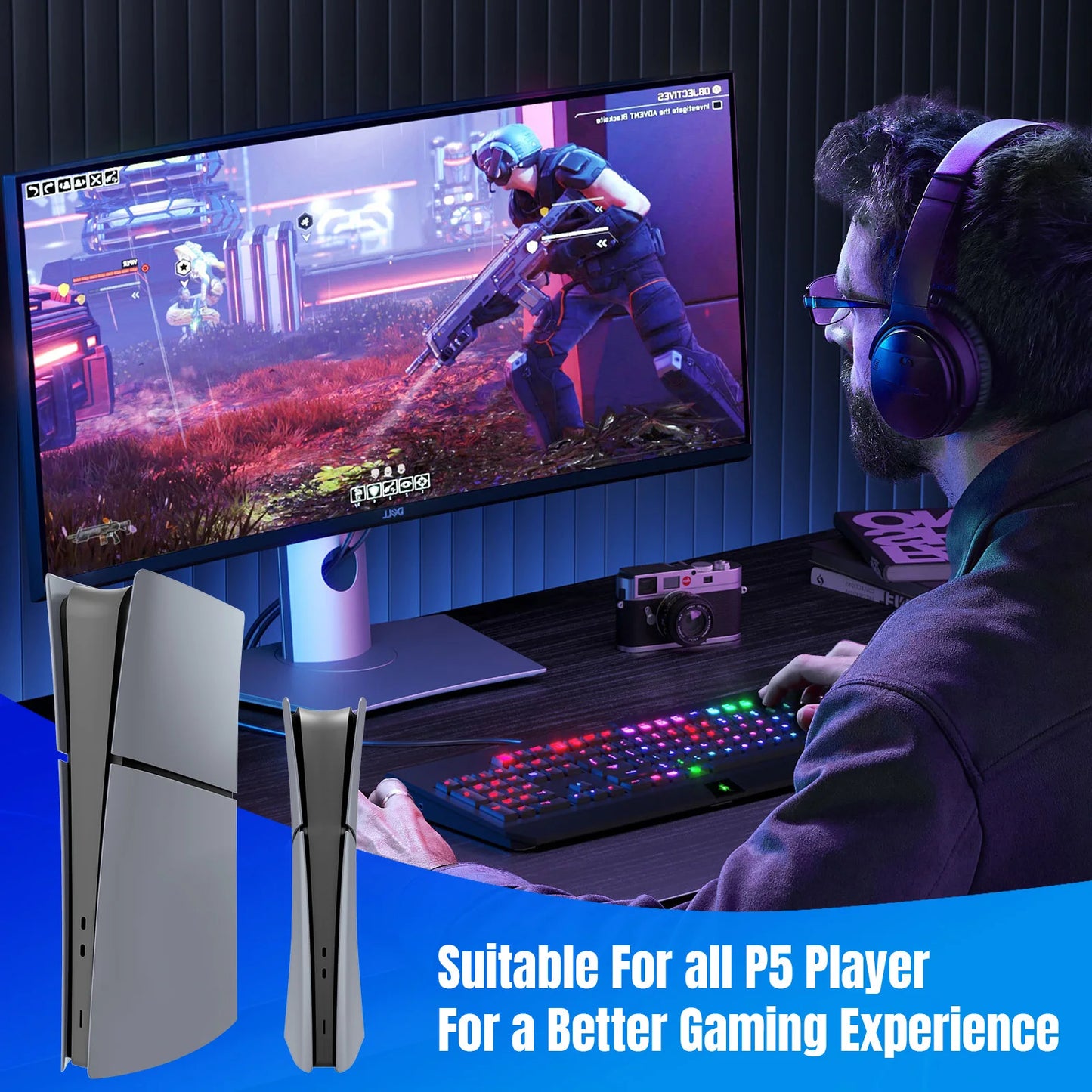 DIY Decoration Accessories Faceplate Replaceable 30th Anniversary Grey Side Shell Panels with Logo Sticker for PS5 Slim Console