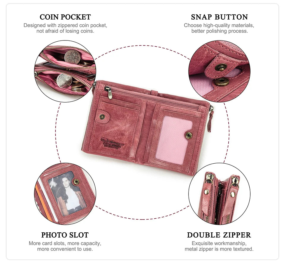 محفظة قصيرة من الجلد الأصلي للنساء من CONTACT'S، حامل بطاقات فاخر بتصميم محفظة عملات معدنية ومشبك نقود ومحفظة صغيرة للنساء والرجال