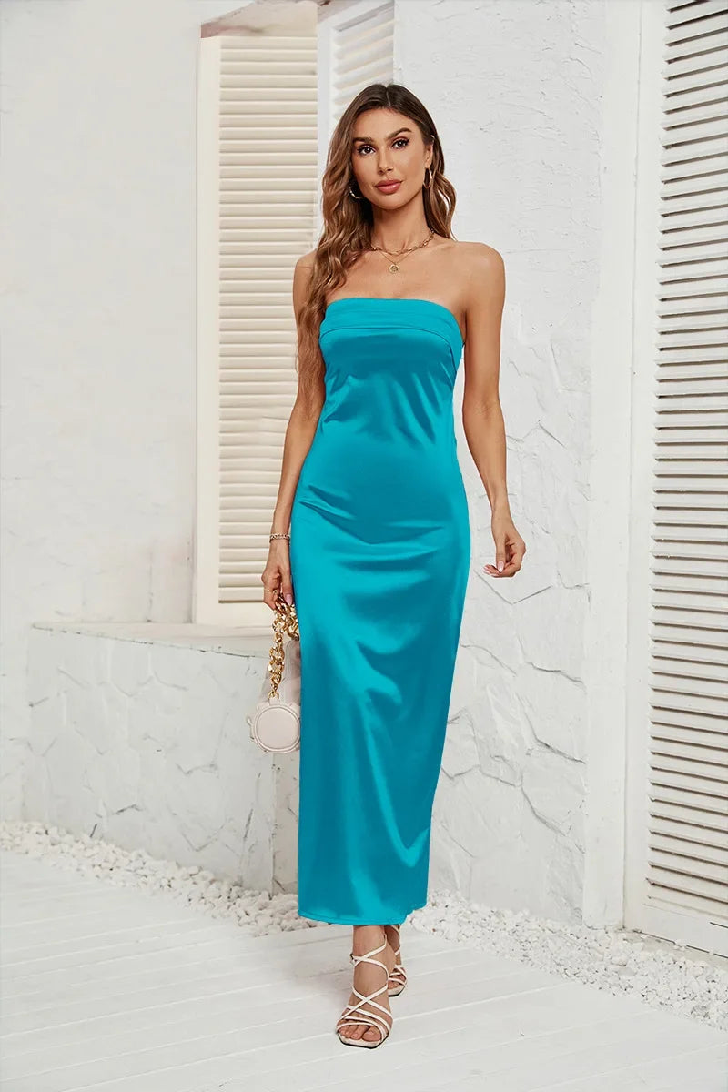 2025 New Fashion Women Sexy Dress Solid Color Wrapp Chest Elastic Backless Satin Dresses Casual Summer Bodycon Dress Party Dress