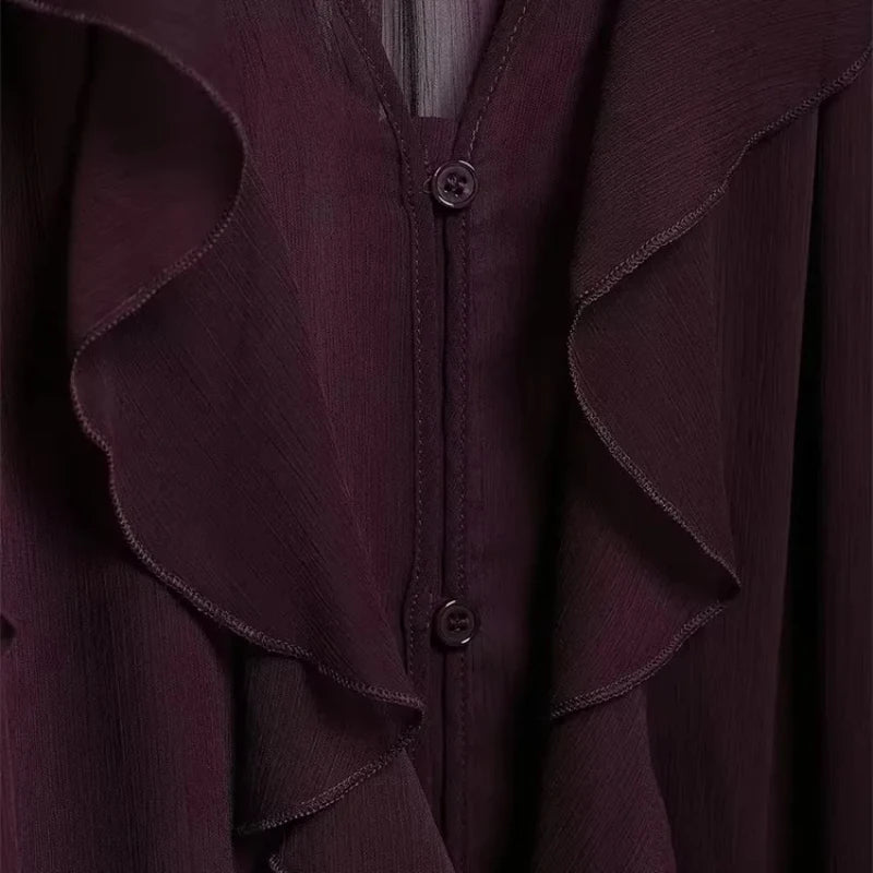 2025 New Fashion Sexy Women Translucent Ruffles Blouses V-neck Single Breasted Tierred Causal Tops Beach Style Solid Shirt SwiftNest