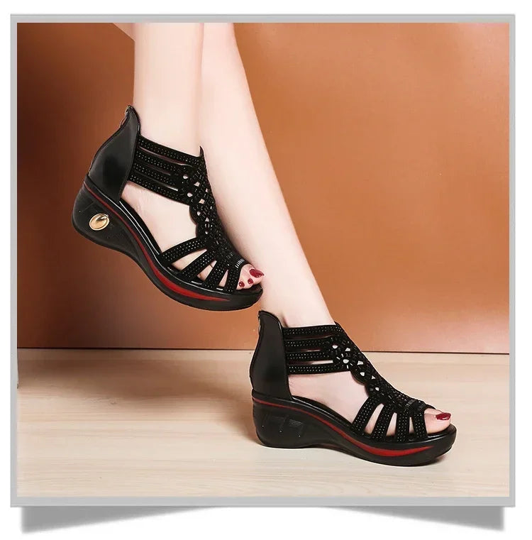 2024 New Fashion Wedge Sandals Women Summer Shoes Elegant Ladies Rome Hollow Out Sandals Female Sandalias Black Wedge Heels