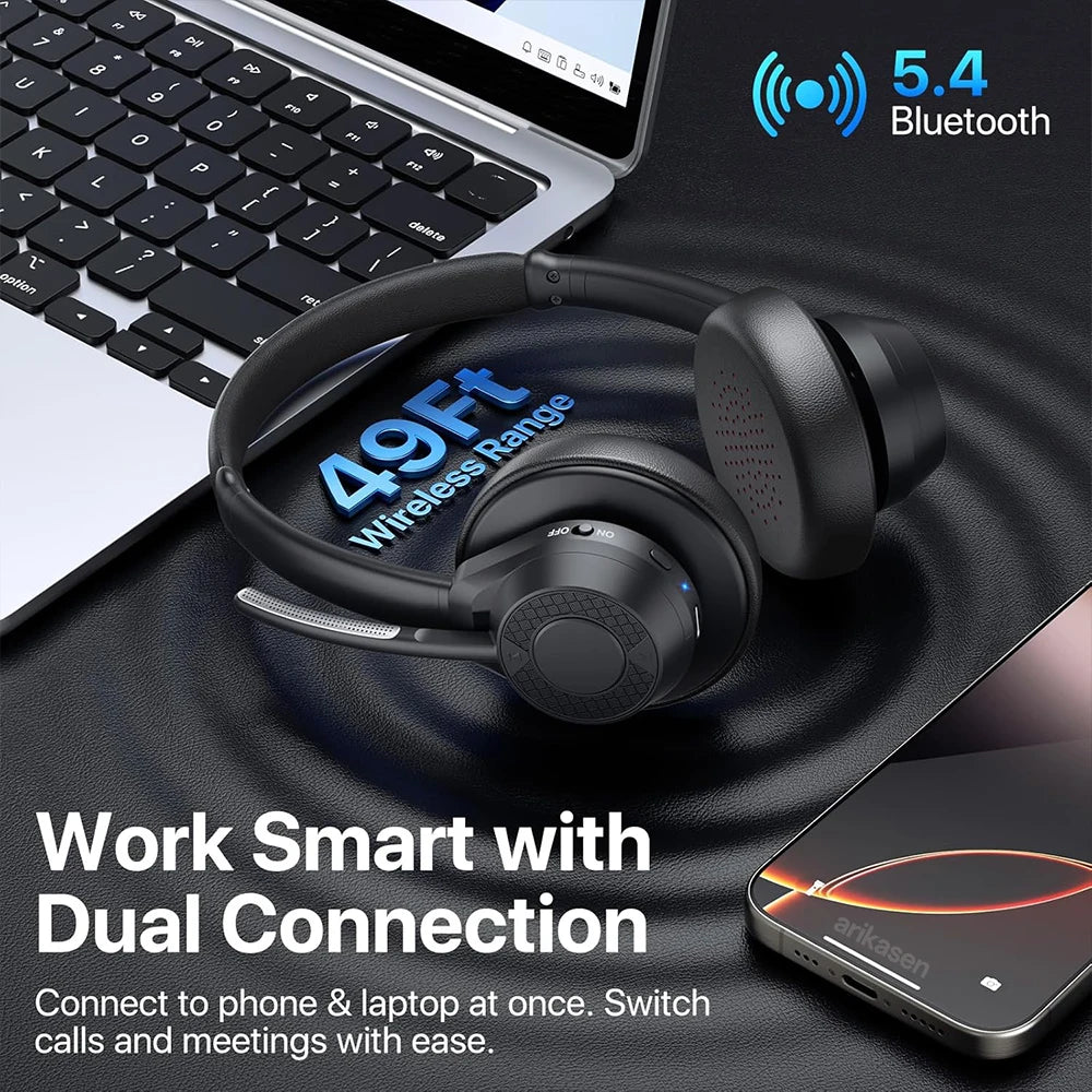 سماعة رأس لاسلكية بتقنية البلوتوث 5.4 مزودة بميكروفون وخاصية إلغاء الضوضاء وتقنية Multipoint Connect وسماعة رأس لاسلكية للعمل