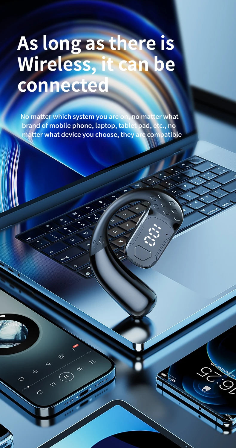 سماعة رأس لاسلكية بتقنية البلوتوث 5.4 مفتوحة بزاوية 180 درجة مع شاشة عرض LED للبطارية على كلا الأذنين وميكروفون وسماعة أذن