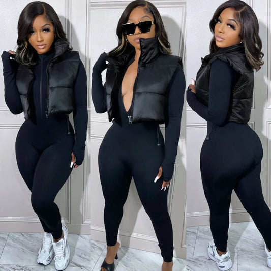 Women's Winter Vest Fashion Faux Leather Padded Jacket Coat Vintage PU Black And White Female Short Waistcoat Chic Clothes Tops