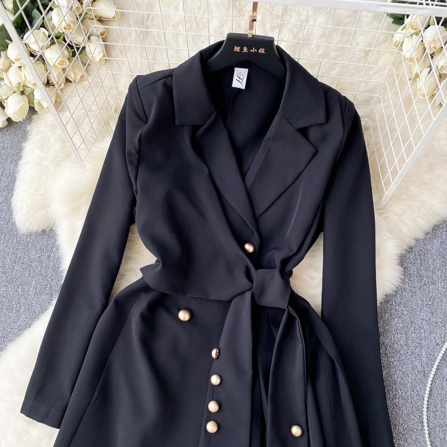 Women's Fashion Trendy Office Coat Dress Ladies Age Reduce Suit Collar Strap Tight Fit Short Pleated Long Sleeve Dress Coat
