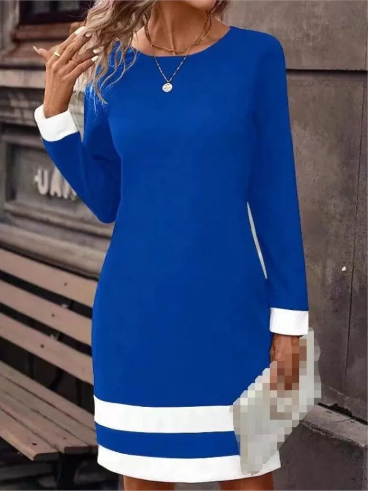 Women's New Autumn Winter Fashion Sexy Tight Fitting Color Blocked Dress Long Sleeved Round Neck Women's Clothing