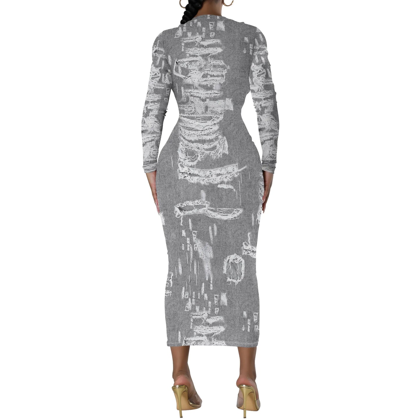 European and American women's fashion temperament casual print slim black dress