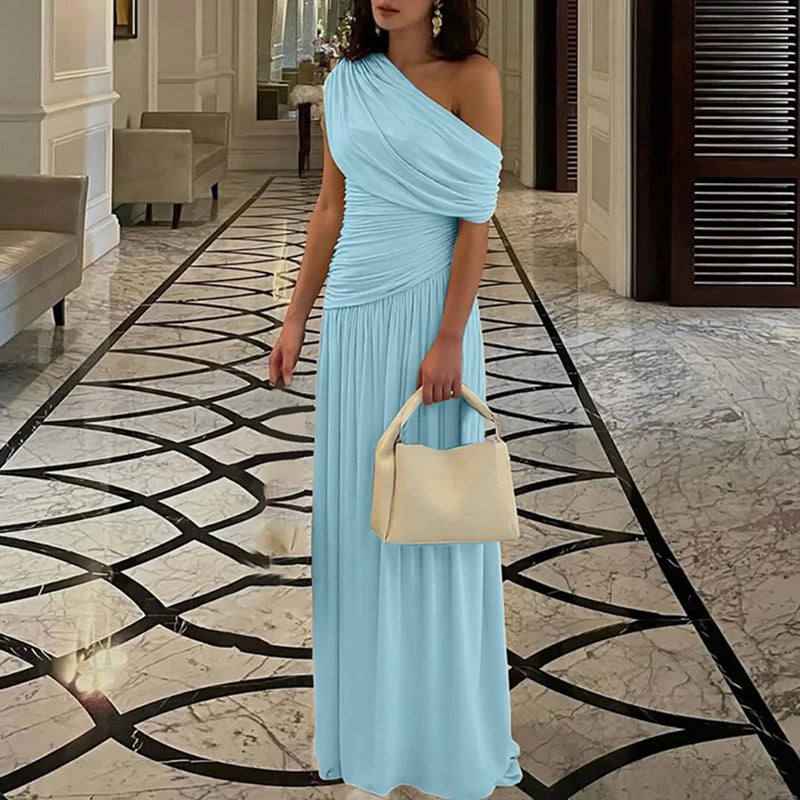 Women Fashion Hight Waist Pleat Solid Party Dress Summer Sexy Sleeveless Slim Maxi Dress Elegant Slant Neck Irregular Long Dress