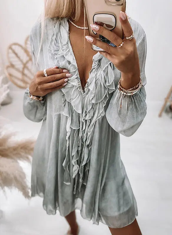Women's Fashion Summer Beach Style Dress For Women Ruffles Tassel Tie Up Sexy V-neck Loose Solid Color Long Sleeves Dress Women SwiftNest
