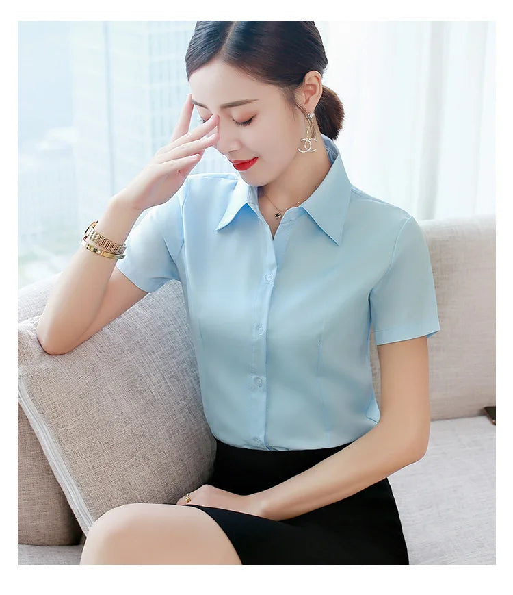 Fashion White Shirts Woman 2025 Autumn Short Sleeve Blouse Solid Ladies Tops OL Female Clothing  Basic Work Shirt Women's Blouse SwiftNest