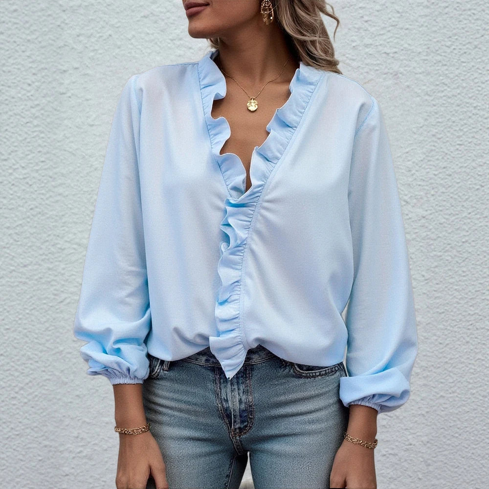 Women’s Autumn Fashion 2025 Soft Flounce Detail V-Neck Shirt with Voluminous Cuff Sleeves for a Cozy and Cute Vibe SwiftNest