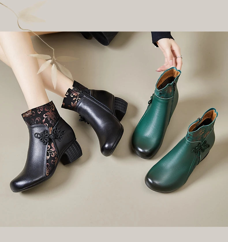 GKTINOO Genuine Leather Ankle Boots 2025 Winter New Ethnic Printed Women's Boots Soft Soles Thick Heels Mother's Leather Boots