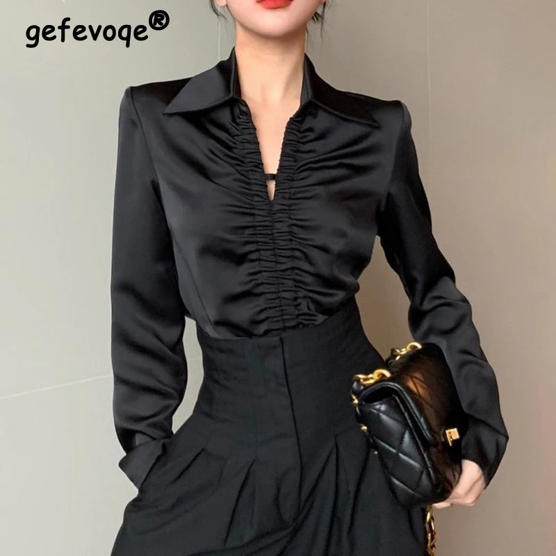 Women French Style Vintage Satin Luxury Designer Shirts Spring Autumn Fashion Elegant Blouse V Neck Long Sleeve Tops Chic Blusas SwiftNest