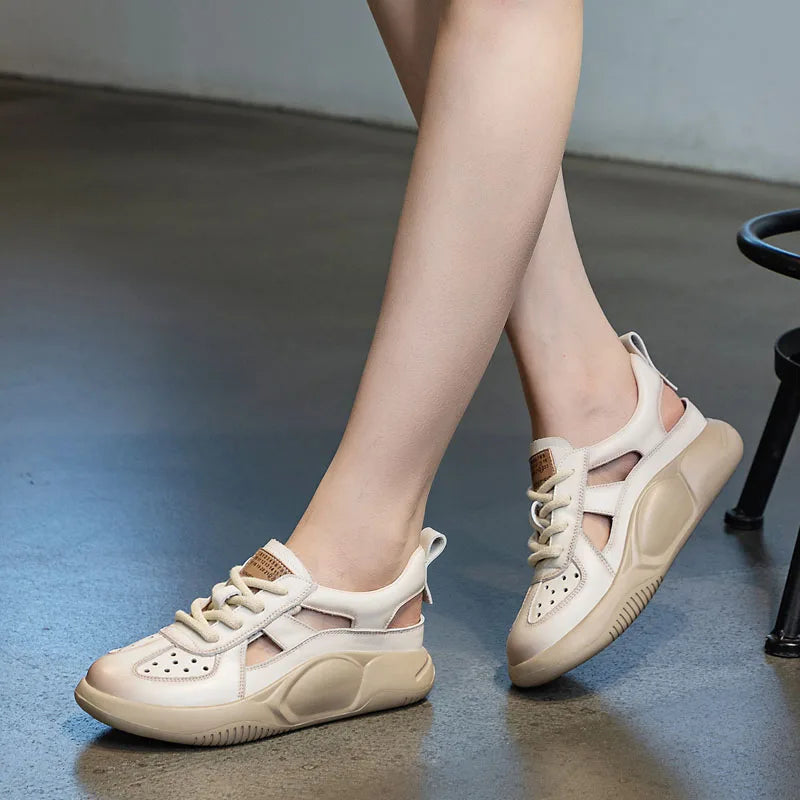 DRKANOL Platform Sandals Women Summer Round Toe Shoes Lace-Up Genuine Leather Thick Bottom Lightweight Casual Sneakers Sandals