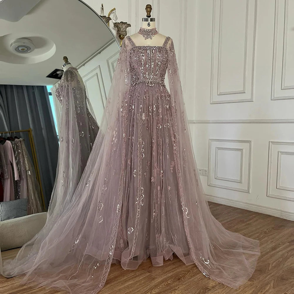 Serene Hill 2025 Arabic Nude A Line Cape Sleeve Crystal Beaded Luxury Evening Dresses Gowns Formal Occasion Customize BLA72764