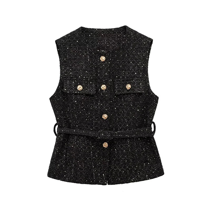Women's Tweed Waistcoat Fashion with Belt O NeckSleeveless Vests Female Outerwear Chic Tops SwiftNest