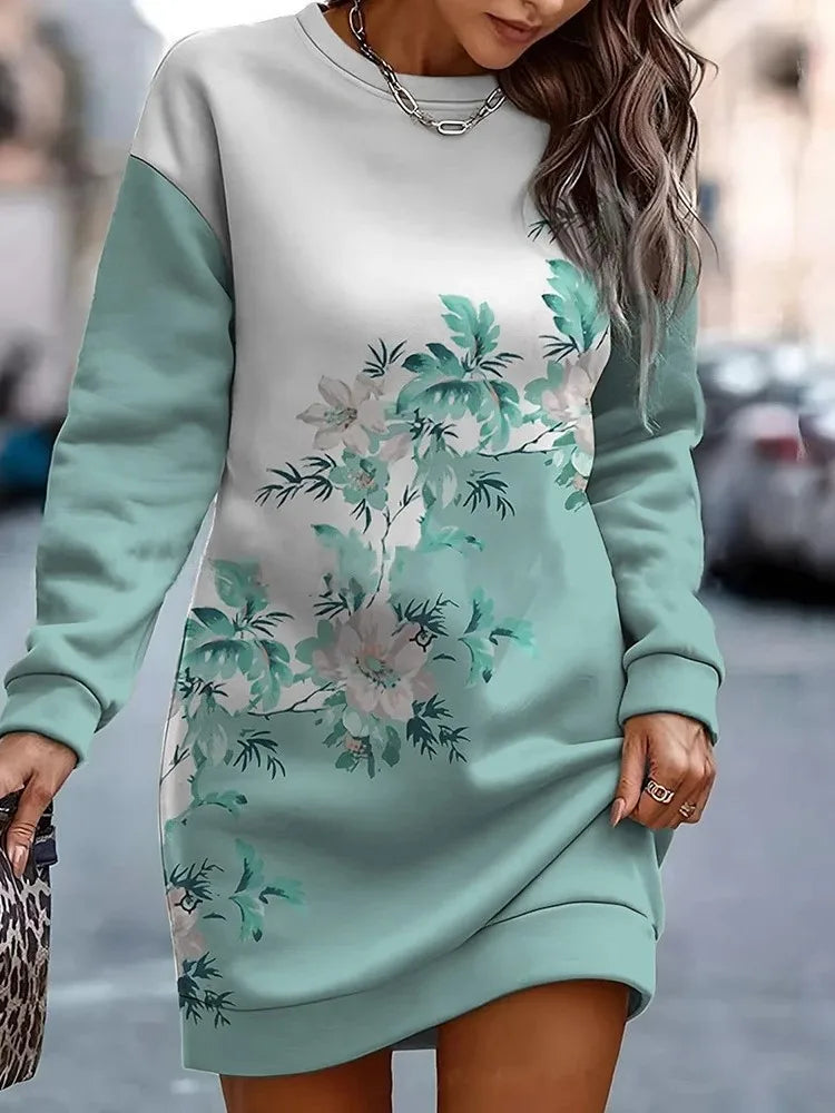 Women's Clothing 2024 Autumn Winter New Fashion Printed Round Neck Sportswear Long Sleeved Casual Loose Comfortable Dress