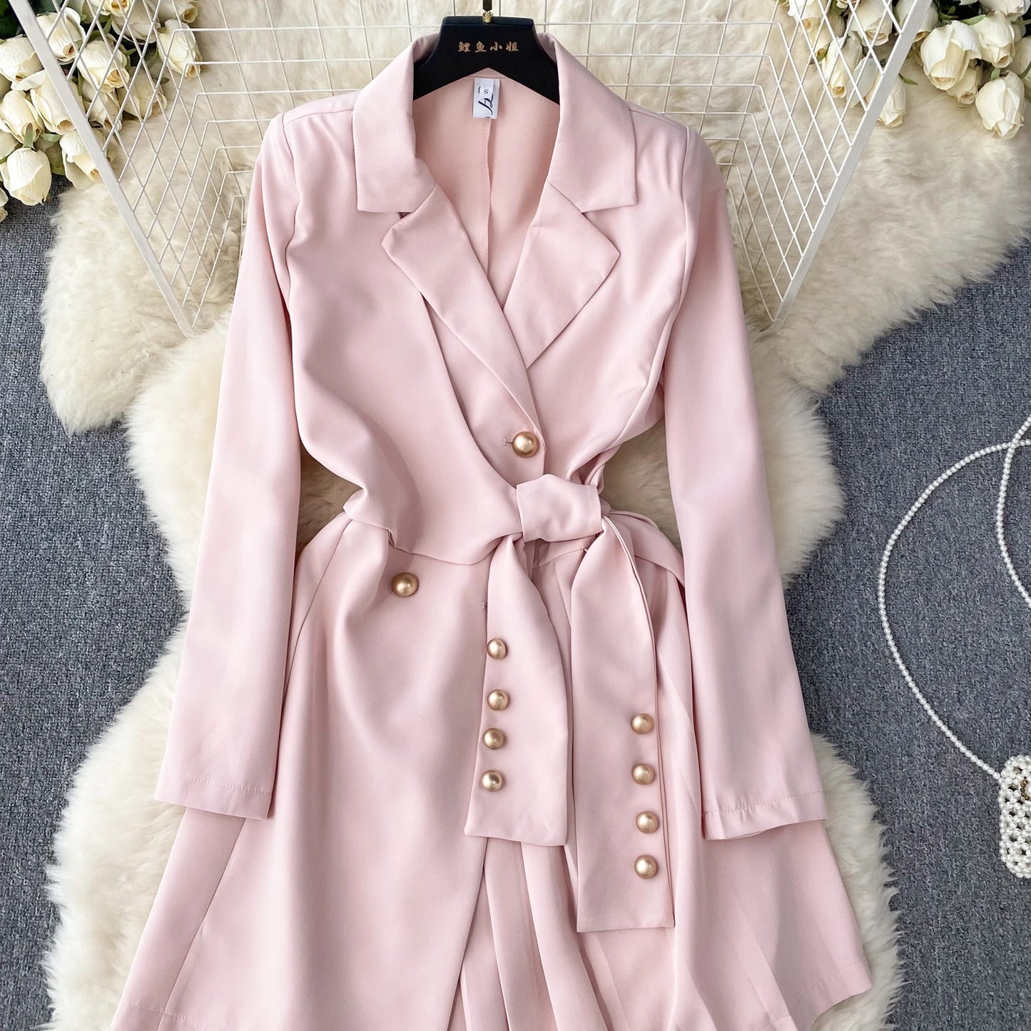 Women's Fashion Trendy Office Coat Dress Ladies Age Reduce Suit Collar Strap Tight Fit Short Pleated Long Sleeve Dress Coat