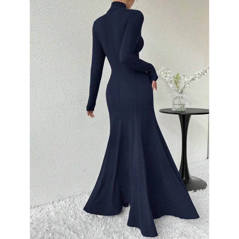 Women's Fashion Mature Style Dress Autumn Winter New High Neck Elegant Slim Fit Long Dress