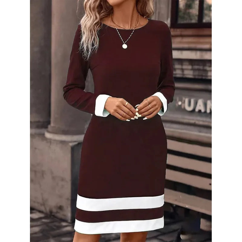 Women's New Autumn Winter Fashion Sexy Tight Fitting Color Blocked Dress Long Sleeved Round Neck Women's Clothing