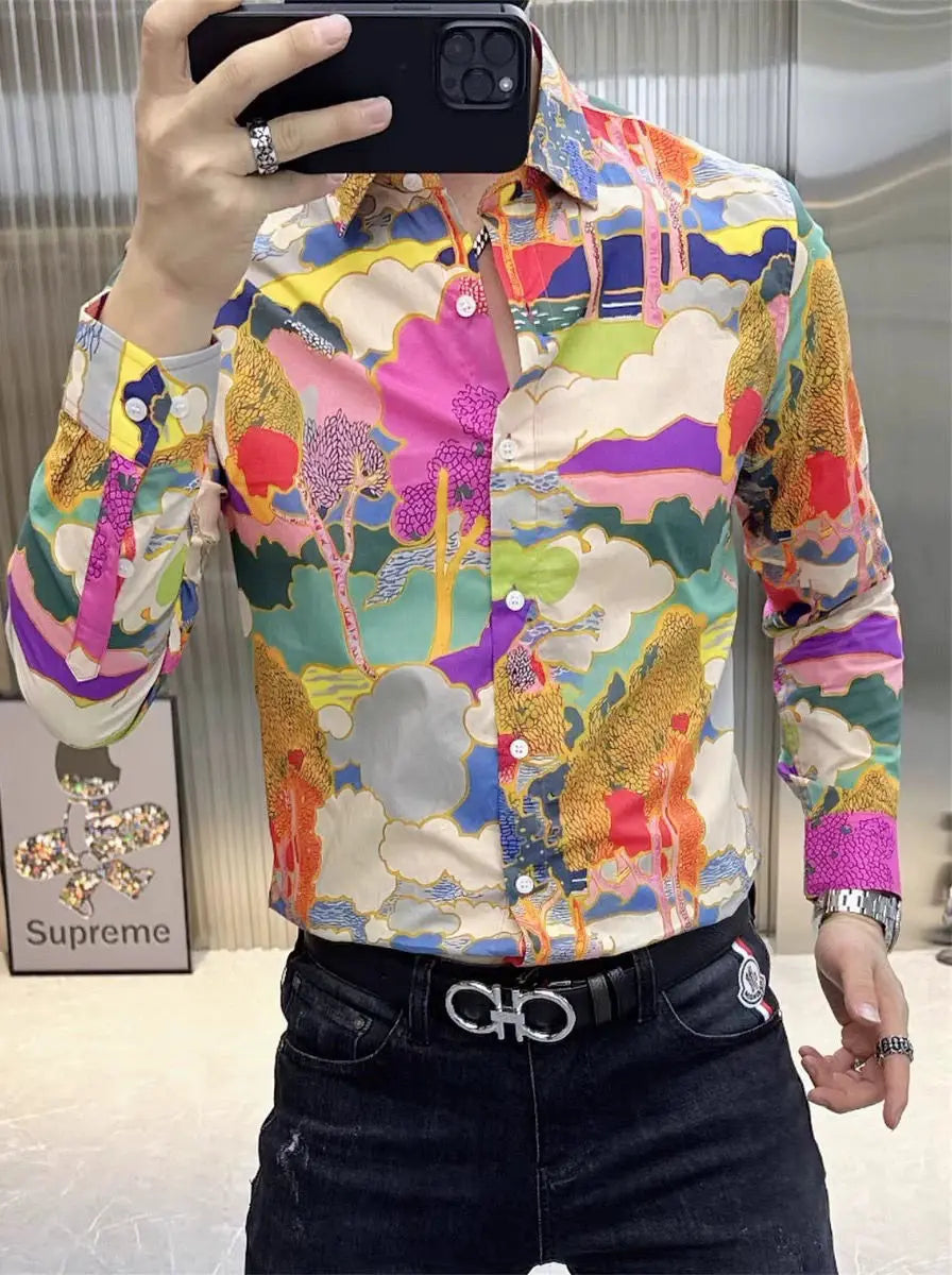 Men's Spring Autumn Fashion Trend Slim Fit Casual Floral Print Long Sleeve