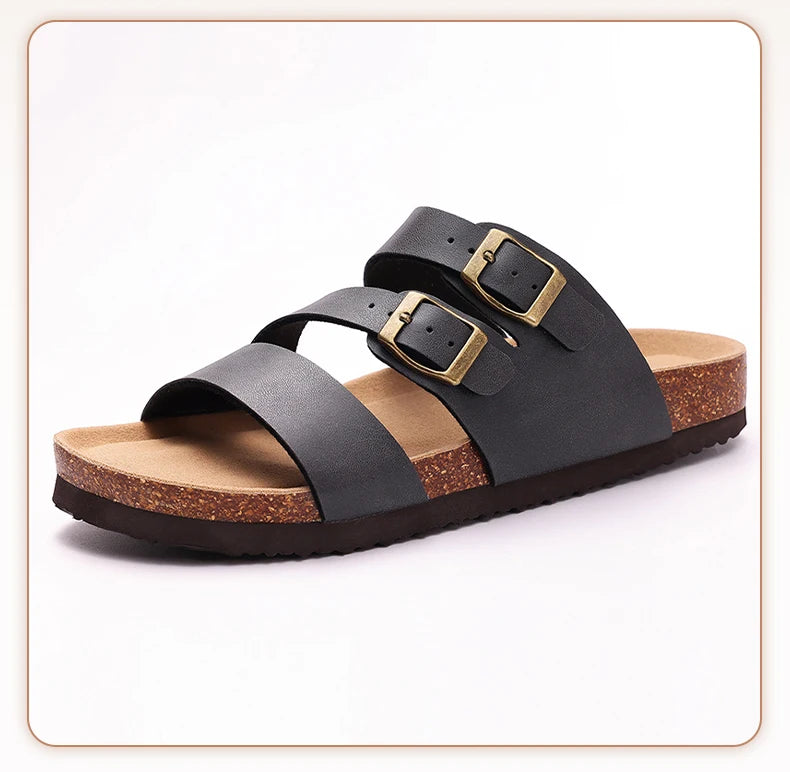 Comwarm Women New Clogs Slippers Summer Fashion Open Toe Beach Shoes With Double Buckle New Cork Footbed Mule Sandals Home Slide